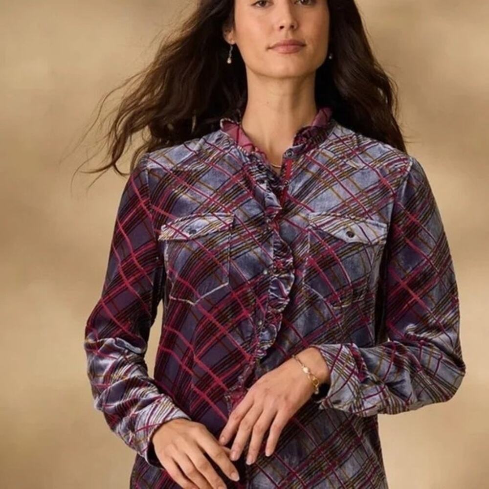 Sundance Gretel Plaid Velvet Ruffle Blouse Shirt Red Blue Small NWOT